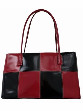 Vintage Red Black Checkerboard Faux Patent Leather Purse Shoulder Bag Colorblock